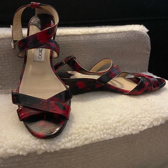 Jimmy Choo genuine leather Size 37 strap peep-town wedge sandal / black and red - Picture 2 of 5